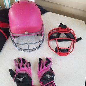 Girls Softball helmet, softball mask, gloves